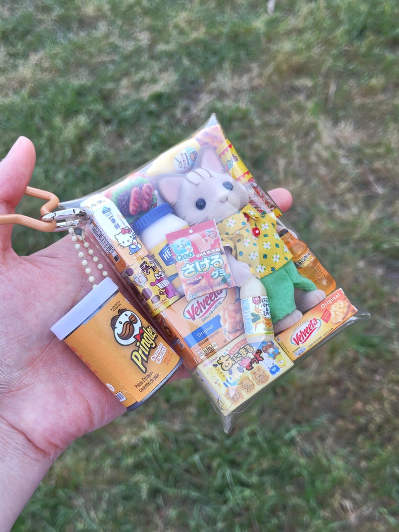May include: A clear plastic pouch filled with miniature food items and a plush cat toy. The pouch contains small snack boxes, a bottle, and a Pringles can. The cat toy is wearing a yellow shirt and green pants.