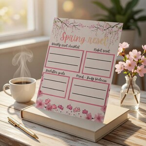 Puede incluir: Un bloc de notas "Spring Reset" con detalles florales rosas, que incluye secciones para reinicios semanales y de hábitos, objetivos de limpieza y bienestar mente-cuerpo. Una taza de café, un bolígrafo y un libro están sobre una mesa de madera, con un jarrón de flores rosas.