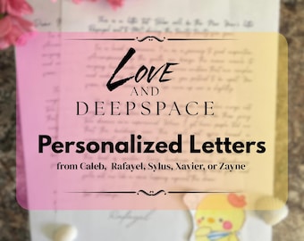 May include: Personalised letters with the text "Love and Deepspace" and the names Caleb, Rafayel, Sylus, Xavier, or Zayne. Pink flowers are in the background.