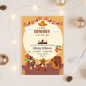 Cowboy-Babyparty-Einladungsvorlage Bearbeitbare Canva Ein kleiner Cowboy Wilder Westen Rodeo-Invite-Sofort-Download druckbare Karte