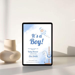 É um anúncio de menino, oh garoto, é um chá de bebê de menino, convite personalizado de boas-vindas para chá de bebê, convite para chá de bebê da lua, temas do Canva