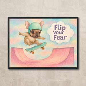 Plakat na ścianę ze deskorolką, plakat ze deskorolką, pastelowy buldog francuski, słodkie mieszkanie, sztuka, kreskówka, deskorolkarz, modny plakat