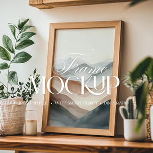 Vertical DIN A Frame Mockup | Botanical Frame On A Shelf Mockup | Smart Object Mockup | Boho Wooden Frame Mockup PSD for Prints and Artwork