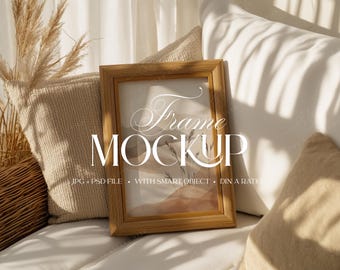 Vertical DIN A Frame On Sofa Mockup | Cozy Living Room Smart Object Mockup | Thick Wooden Frame PSD For Prints & Artwork | Digital Download