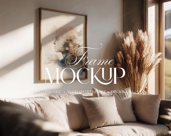 Vertical DIN A Frame Mockup | Modern Living Room Wall Frame Mockup With Smart Object PSD | Warm Neutral Interior | Digital Download