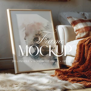 Vertical DIN A Frame Mockup | Autumn Living Room Frame Mockup With Smart Object PSD | Cozy Warm Neutral Interior | Digital Download