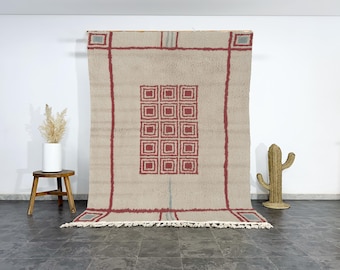 Hand Knotted Beni Ourain Rug: Cream Wool with Red Geometric Motifs