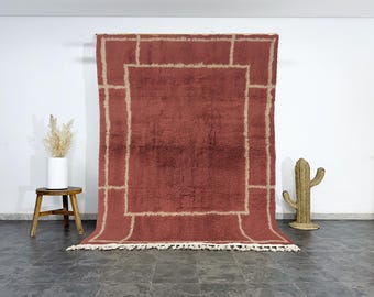 Hand-Knotted Beni Ourain Wool Rug: Burgundy & Cream Berber Design