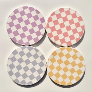 Pastel Checkered Ceramic Coasters – Set of 4 or Individual Coasters | Aesthetic Table Decor, Cottagecore Home Gift | Cute Funky Home Decor