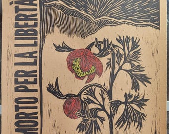 Grabado en madera con acuarela impresa a mano y titulado "Bella Ciao California Peony".