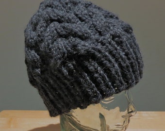 Wool blend Hand Knit Men's Cable Winter Hat- charcoal gray