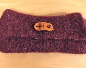 Rustic Wool Felt Clutch Purse in plum- natural wood button