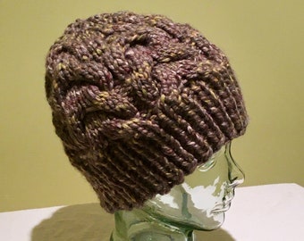 Wool blend Hand Knit Men's Cable Winter Hat- Woodland Mix