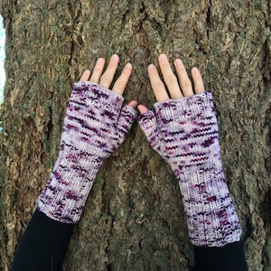 Pure Merino Hand Knit Fingerless Gloves- 'Purple Haze'