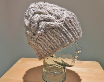 Wool Blend Hand Knit Men's Unisex Cable Winter Hat- 'Oatmeal' Natural Beige