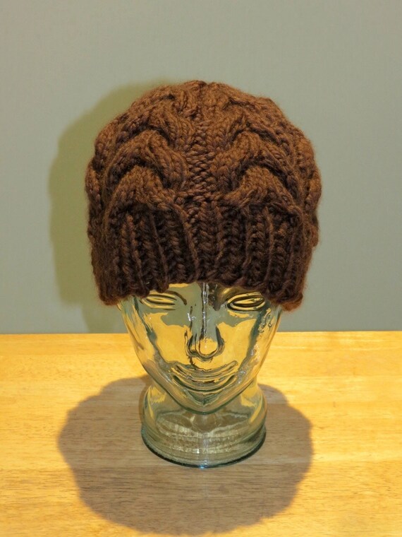 Hand Knit Womens Chocolate Brown Cable Beanie Hat - Etsy display picture 3