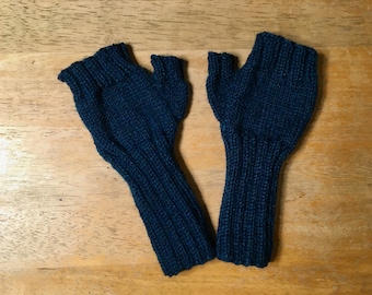 Pure Merino Hand Knit Fingerless Gloves- 'Navy Blue'