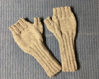 Pure Merino Hand Knit Fingerless Gloves- 'Natural Wheat'