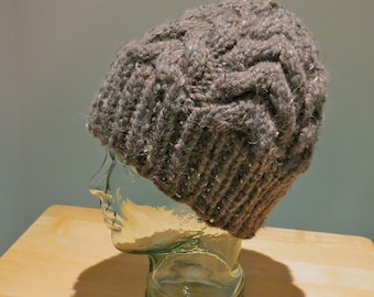 Wool blend Hand Knit Men's Unisex Cable Winter Hat- Brown Tweed