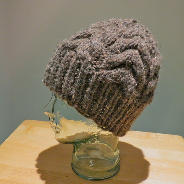 Wool blend Hand Knit Men's Cable Winter Hat- brown tweed