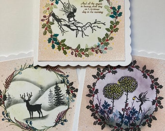 Set of Three Magical Christmas Cards / Greeting Cards / Original artwork / Winter card