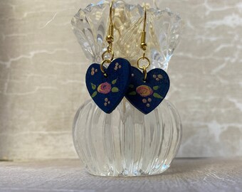 Blue and Copper Rose Earrings / Hand painted / Heart Earrings / Folkart / Canal Art / Folk Jewellery / Hand Painted Jewellery