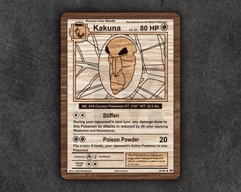 May include: Wooden Kakuna Pokémon card. The card features a detailed laser-etched design of the Kakuna character, with text including HP, level, and attack details. The card is rectangular with a light brown wood grain.