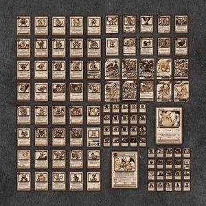 May include: A collection of vintage-style Pok&eacute;mon trading cards, featuring various characters and designs. The cards are arranged on a dark surface, showcasing a variety of illustrations and text. The cards have a sepia tone, giving them a retro aesthetic.