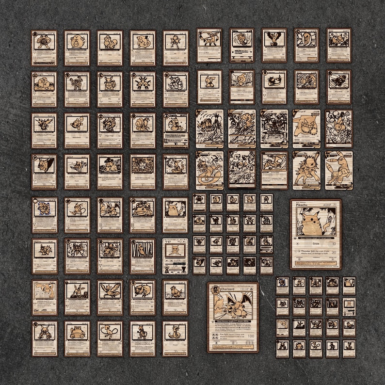 May include: A collection of vintage-style Pok&eacute;mon trading cards, featuring various characters and designs. The cards are arranged on a dark surface, showcasing a variety of illustrations and text. The cards have a sepia tone, giving them a retro aesthetic.
