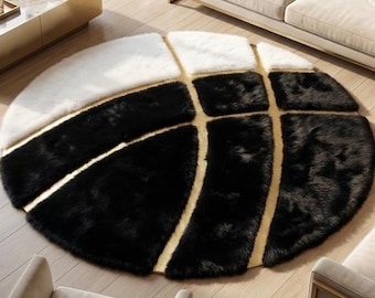 Round Plush Rug, Black White Gold Geometric Carpet, Handcrafted Area Rug