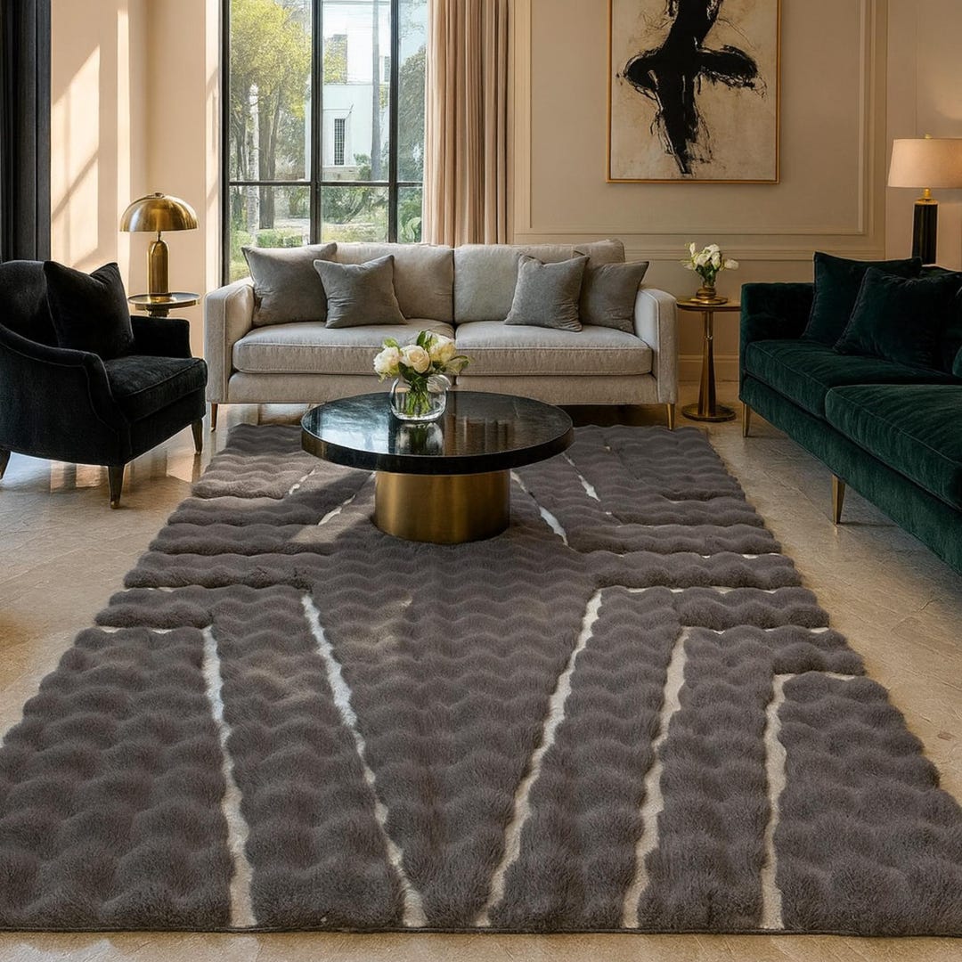Silver Plush Rug Gray and Silver Plush Rug, 3D Luxury Area Rugs, Modern Geometric Rugs ...