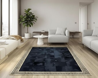 Black Cowhide Patchwork Rug, Geometric Border, Modern Leather Area Rug