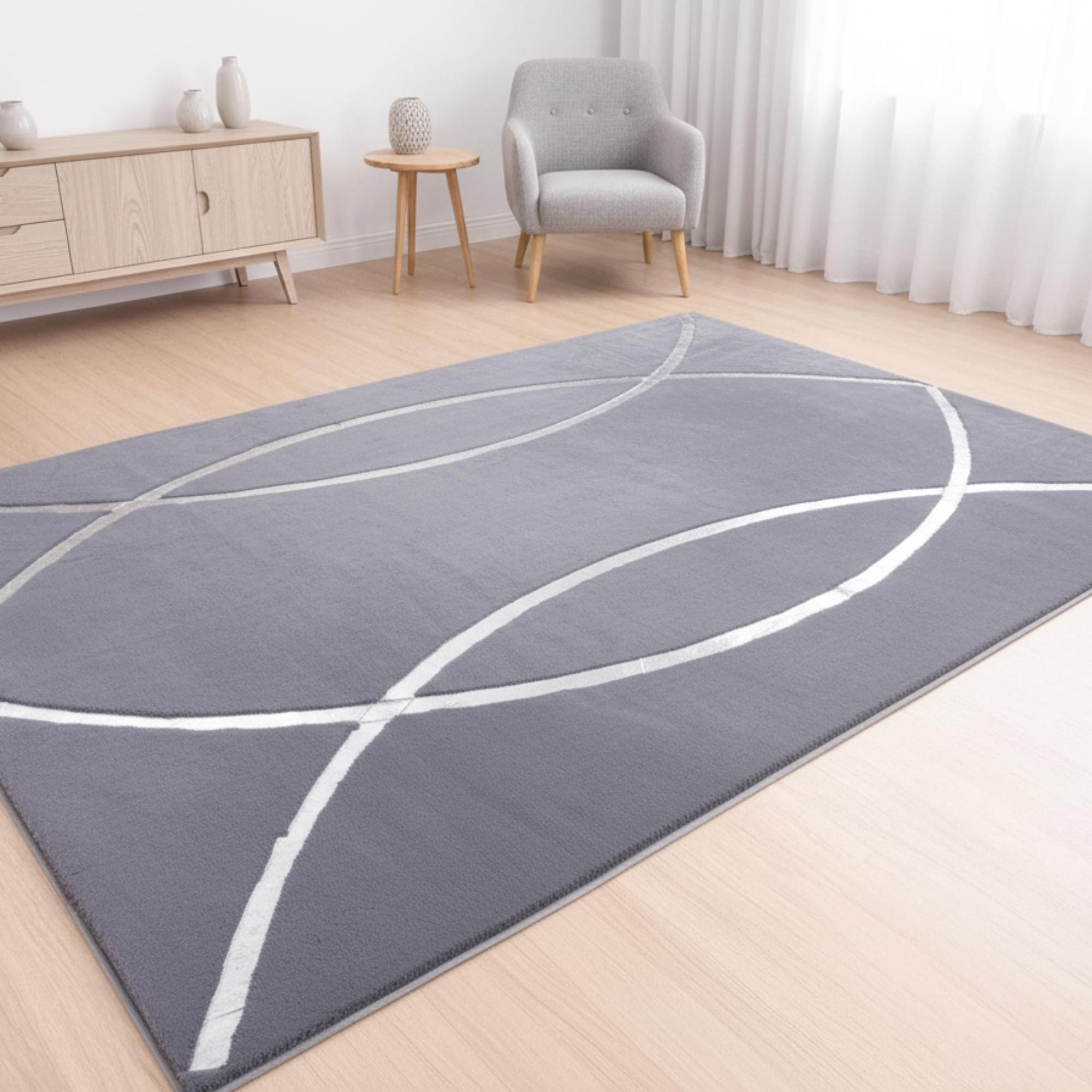 Silver Plush Rug Gray and Silver Plush Rug, Modern Abstract Carpet, Silver Line Pattern ...