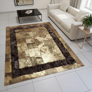 Handmade Gold Cowhide Patchwork Rug, Brown Border, Geometric Carpet