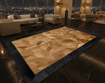 Handmade Cowhide Patchwork Rug, Black Border, Geometric Leather Area Rug