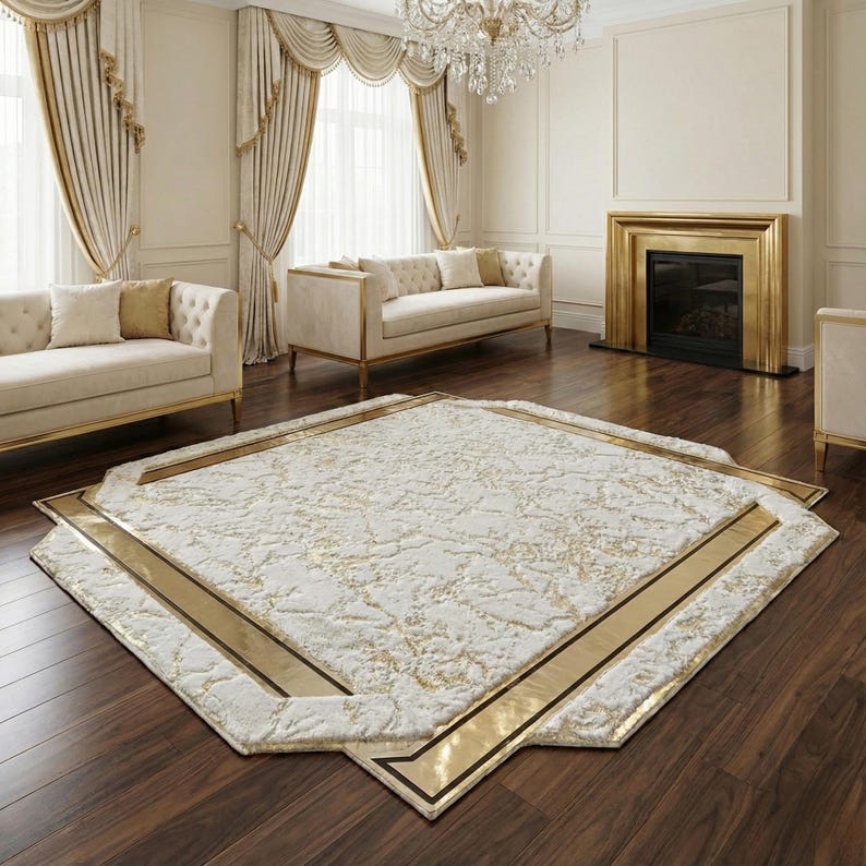 White and Gold Plush Rug, Luxury Gold Border Area Rug, Glam Bedroom ...