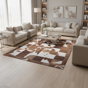 Può includere: Un salotto con un divano beige, un divano a due posti e una poltrona. Un tappeto in pelle di mucca nei toni del marrone, bianco e beige è posto sotto un tavolino in legno chiaro. La stanza è decorata con toni neutri e luce naturale.