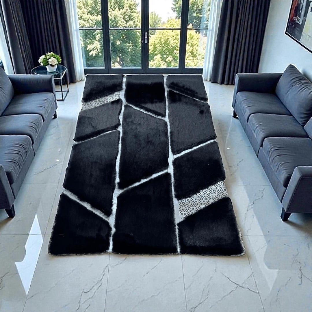 Black and Silver Abstract Plush Rug, Geometric Fur Carpet, Modern ...