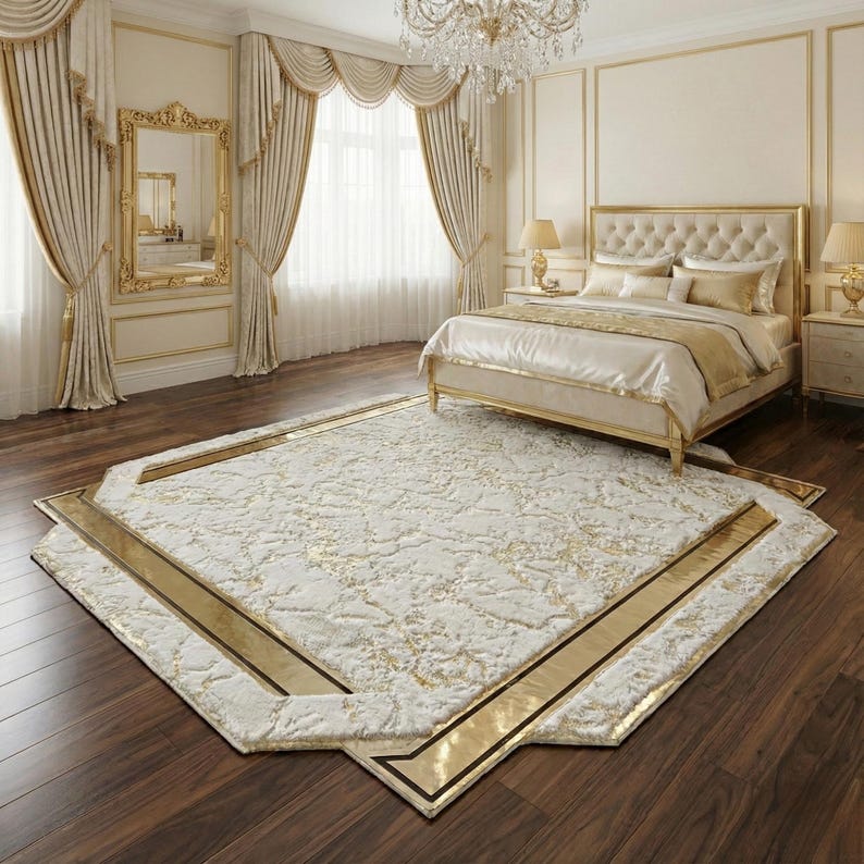 White and Gold Plush Rug, Luxury Gold Border Area Rug, Glam Bedroom ...