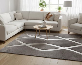 Gray Plush Rug, Modern Geometric Silver Metallic Lines, Velvet Texture