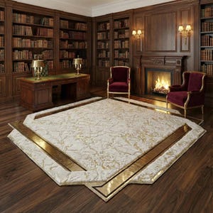 Puede incluir: Interior de biblioteca lujoso con una gran alfombra adornada con campo crema y detalles dorados. La habitación incluye estanterías de madera oscura, una chimenea y dos sillones burdeos. También se ve un escritorio de madera con tapa verde y dos lámparas.