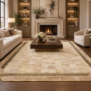 Pode incluir: Um tapete retangular com design de patchwork em tons de bege e creme. O tapete é contornado por um padrão geométrico grego castanho escuro e um acabamento castanho claro sólido, criando uma moldura estruturada em torno do centro.