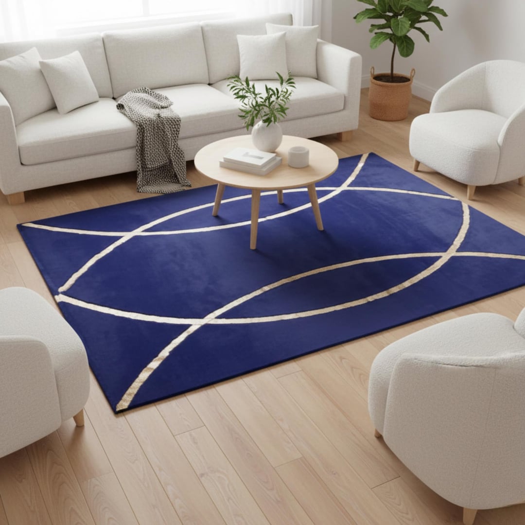 Navy Velvet Plush Rug, Abstract Gold Geometric Lines, Modern Art Deco ...
