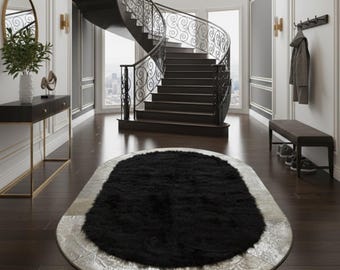 Black and Silver Oval Tuscan Sheepskin Rug, Genuine Natural Fur Area Rug with Metallic Border, Luxury Modern Living Room Carpet
