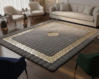 Grau-Gold-Plüsch-Teppich, Geometrische Gold Line-Vorleger, Luxus-Pelzteppich, Modernes Glam-Wohnzimmerdekor, Weiche Grau-Matte mit metallischem Akzent