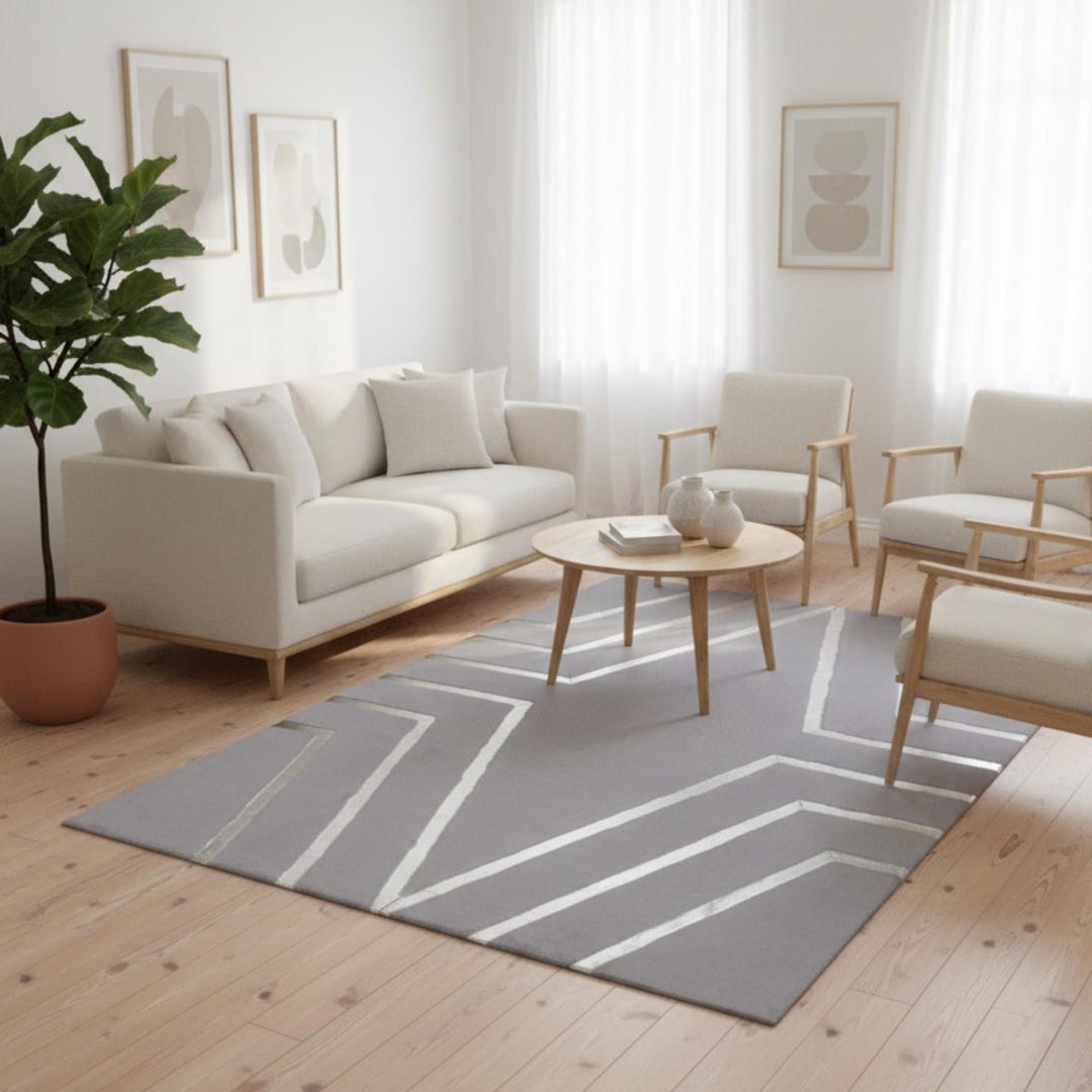 Silver Plush Rug Gray and Silver Plush Rug, Modern Geometric Area Rug, Bedroom Carpet ...