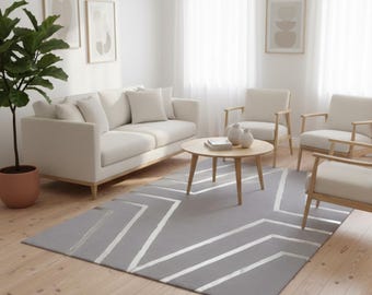 Gray Plush Rug, Silver Geometric Metallic Lines, Modern Decor