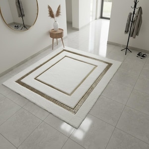White and Gold Plush Rug, Luxury Golden Border Area Rug, Modern Faux Fur Carpet, Glam Floor Decor, Soft Custom Size Available