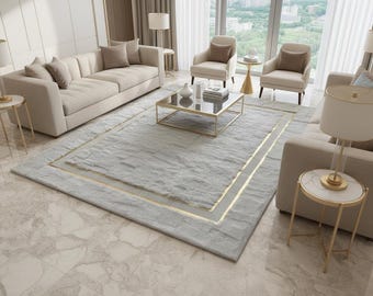 White Rex Rabbit Fur Rug, Gold Border, Soft Fluffy Area Rug