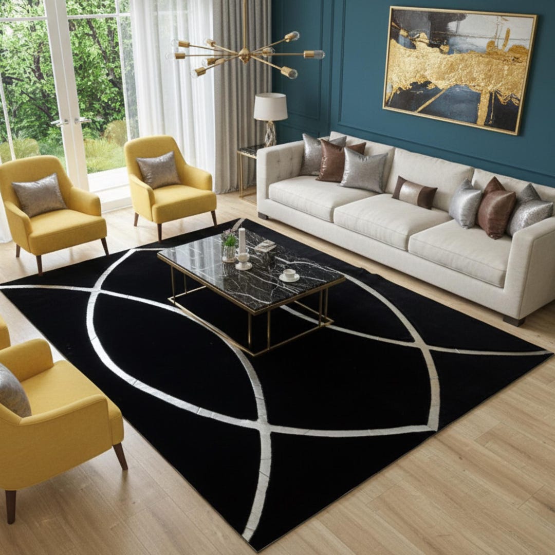 Silver Plush Rug Black and Silver Plush Rug, Luxury Plush Area Rug, Modern Geometric ...